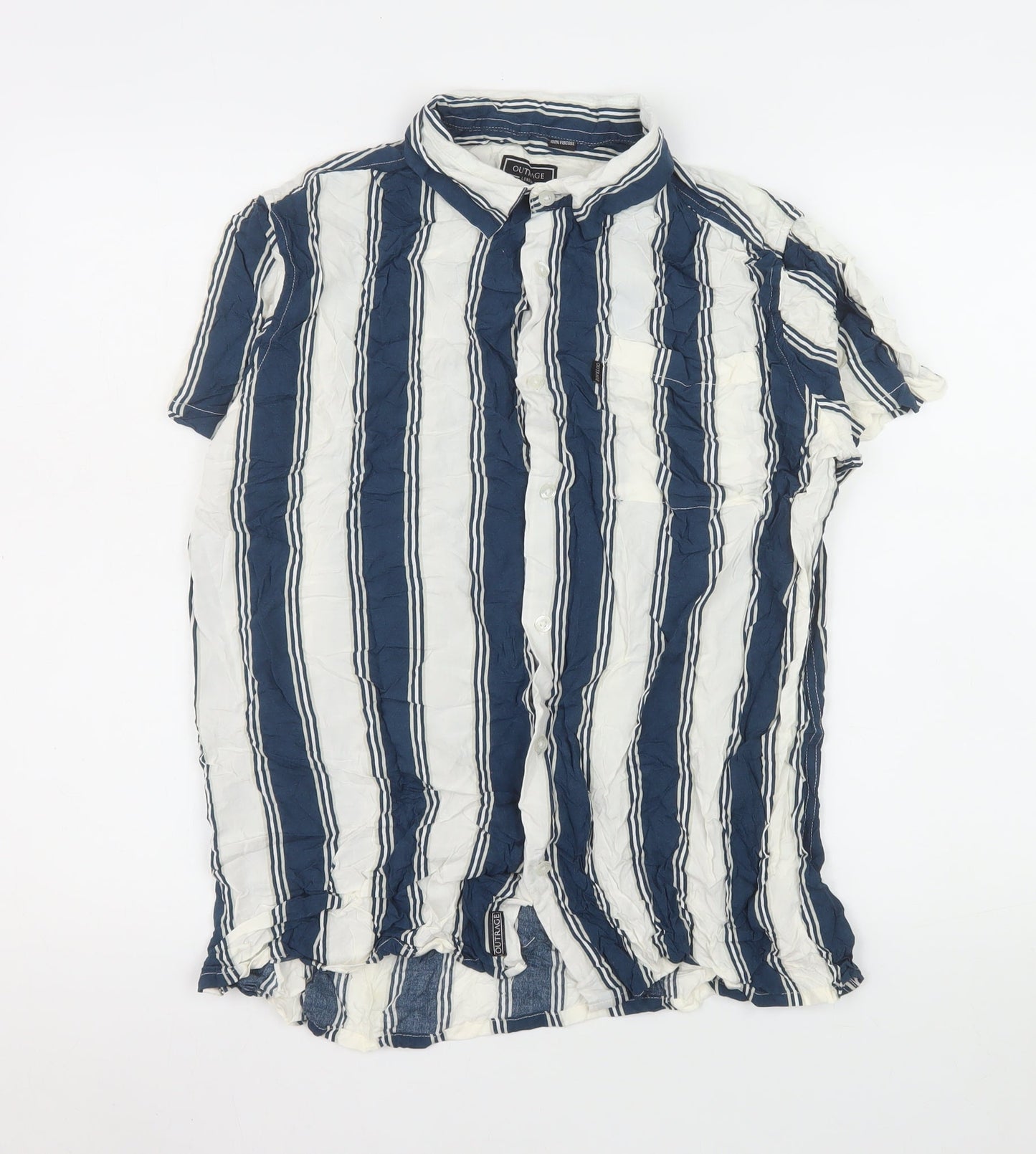 Outrage London Men's Blue Striped Short Sleeve Button-Up Shirt L