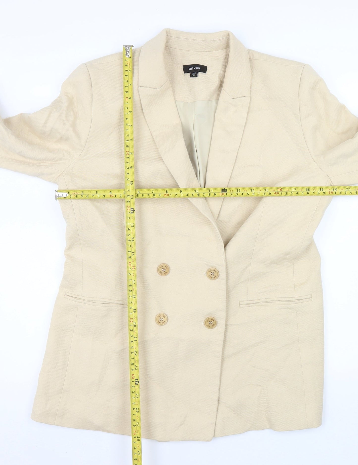 Saint + Sofia Women Beige Double-Breasted Blazer UK 14 Lined Cotton