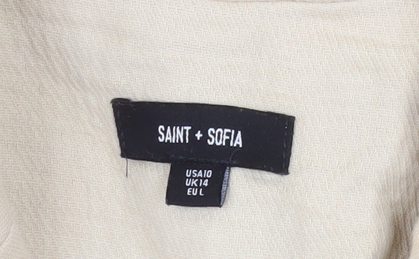 Saint + Sofia Women Beige Double-Breasted Blazer UK 14 Lined Cotton