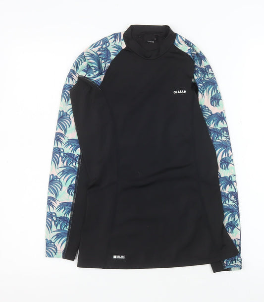 Olaian Boys Black Tropical Rash Guard Long Sleeve Surf Top 12-13 Years