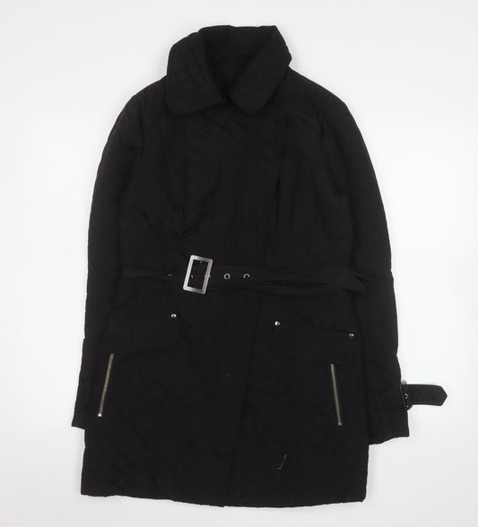 Next Women’s Black Quilted Belted Coat Size 12 Mid-Length