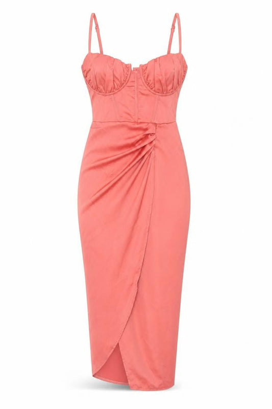 PRETTYLITTLETHING Women Pink Midi Bodycon Dress Size 10 Ruched Satin Zip