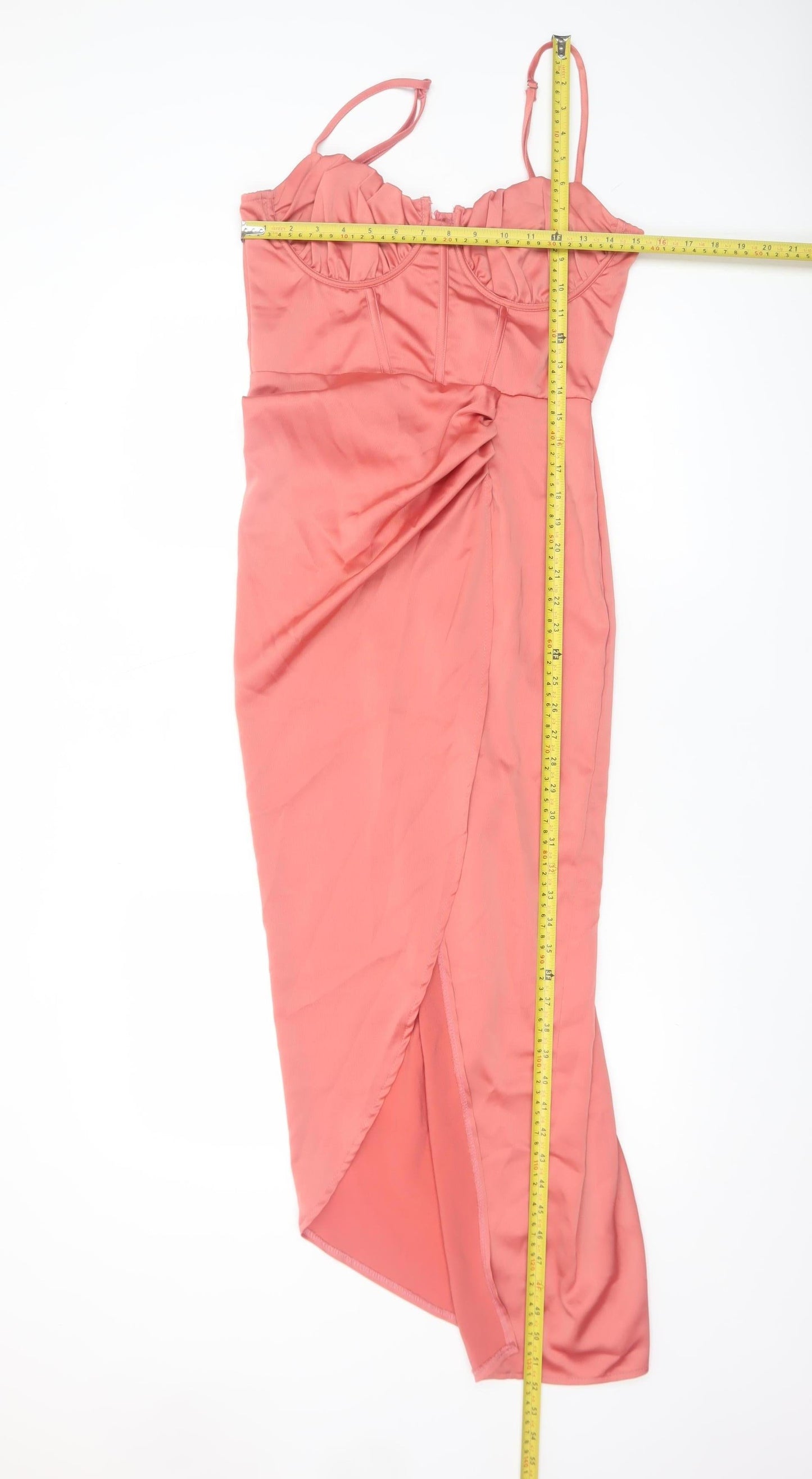PrettyLittleThing Women Pink Midi Bodycon Dress Size 10 Ruched Satin Zip