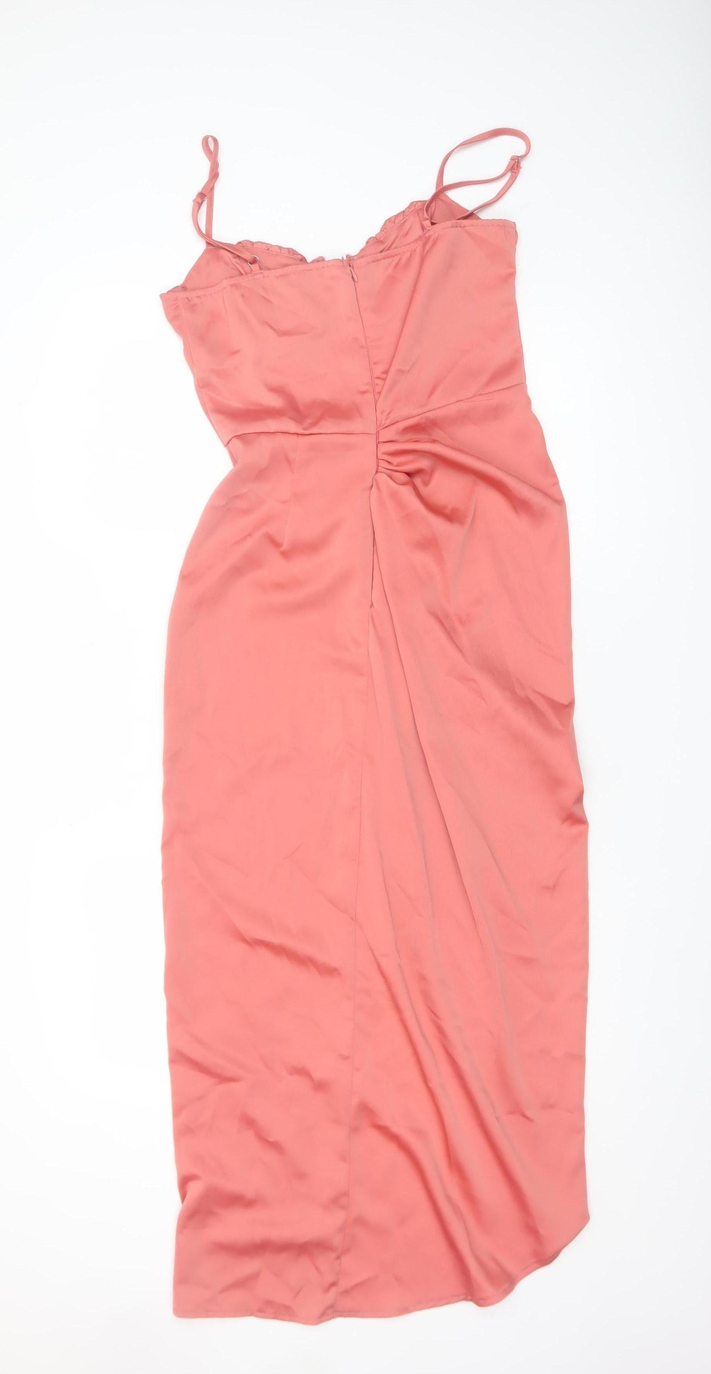 PrettyLittleThing Women Pink Midi Bodycon Dress Size 10 Ruched Satin Zip