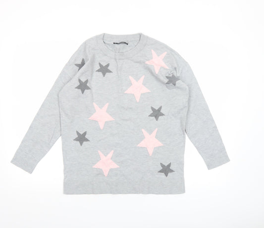 Dunnes Womens Grey Star Knit Crew Neck Pullover Jumper Size S