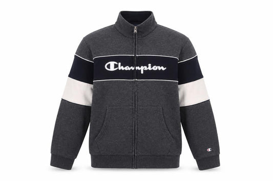 Front view of Champion boys’ grey track jacket xl 14 years full zip logo sportswear