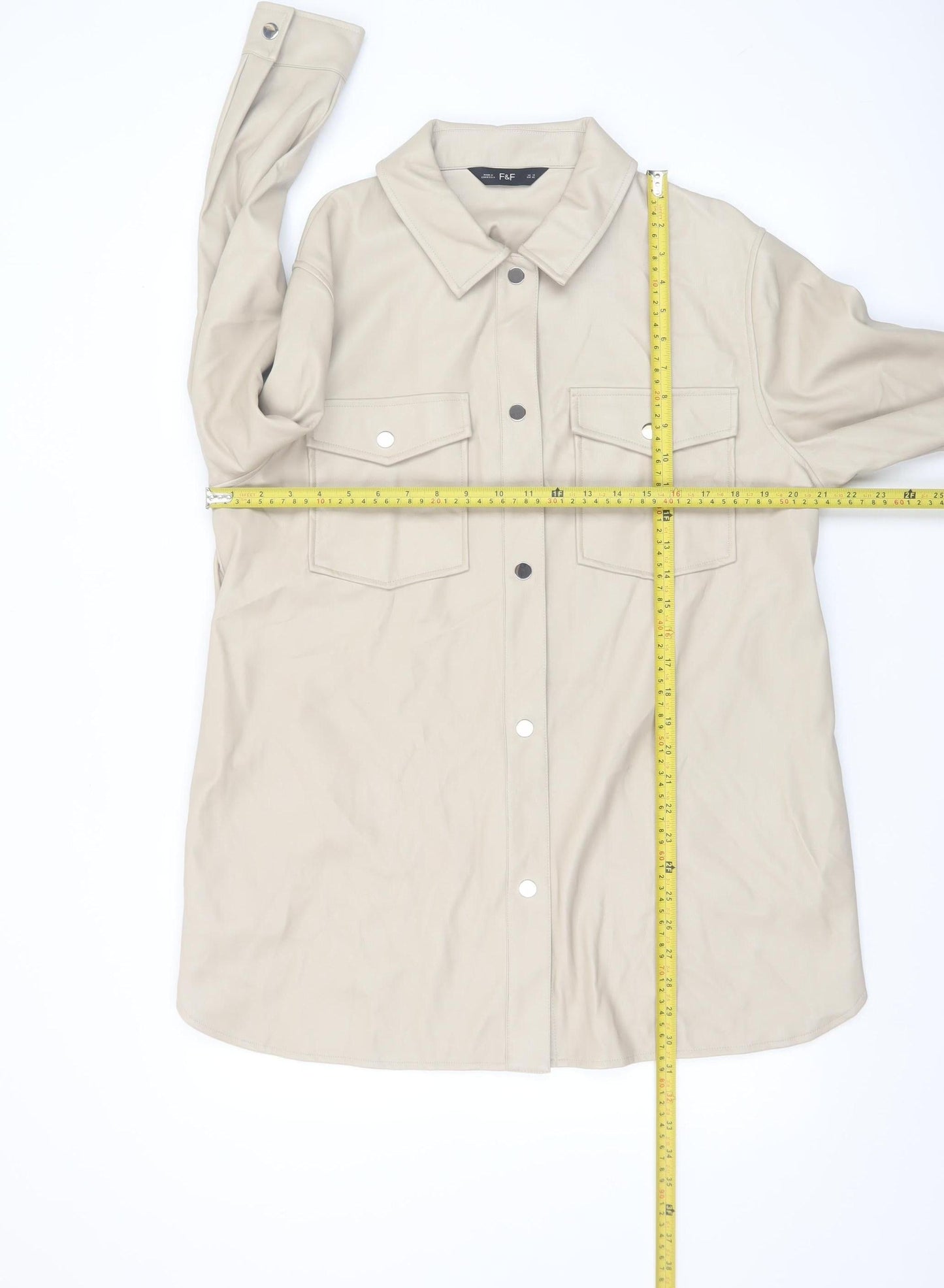 F&F Women’s Beige Faux Leather Jacket Size 12 Mid-Length Collared