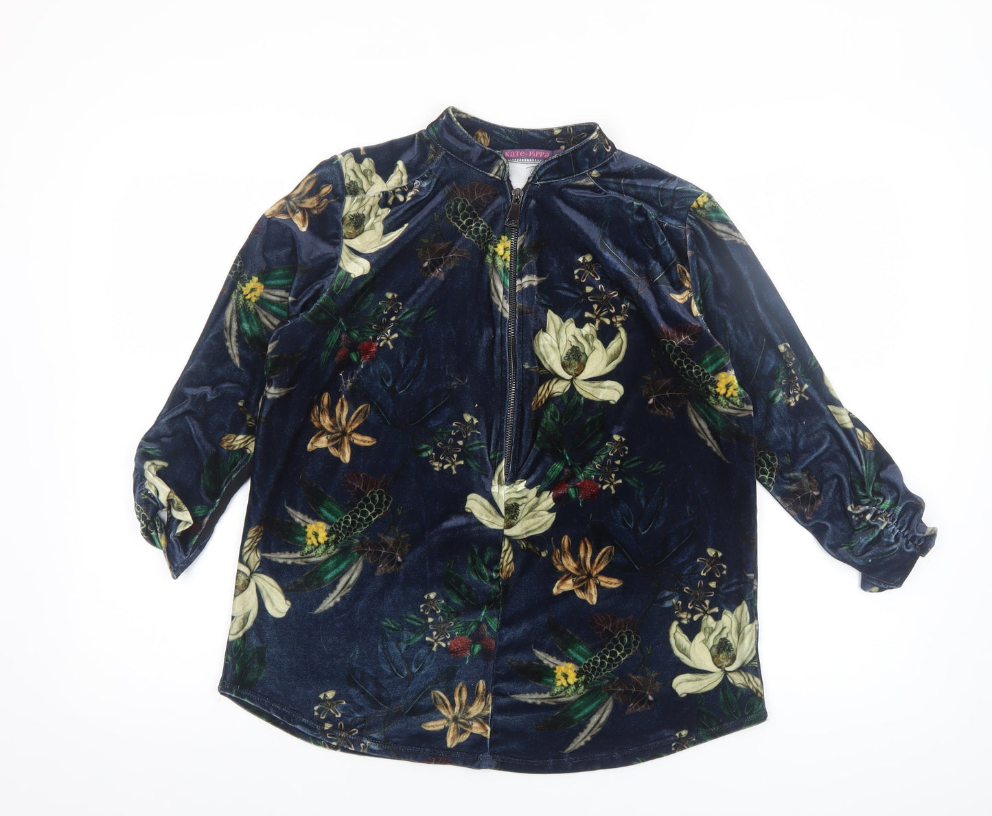 Kate + Pippa Women’s Blue Floral Velvet Zip Tunic Blouse Size L