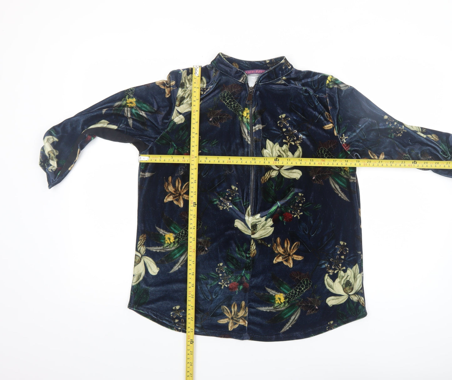 Kate + Pippa Women’s Blue Floral Velvet Zip Tunic Blouse Size L