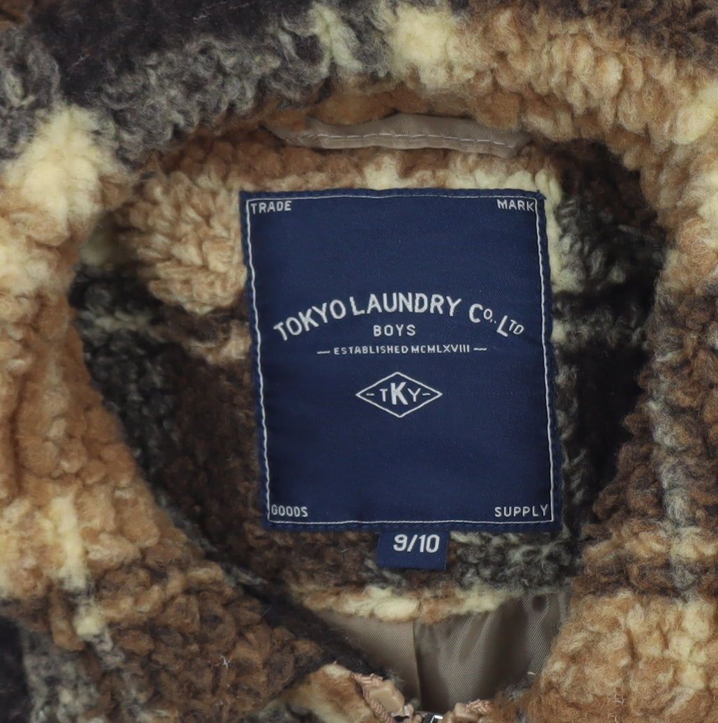 Tokyo Laundry Boys Brown Check Fleece Jacket 9-10 Years Lined Winter Coat