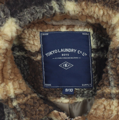 Brand and care label for Tokyo Laundry boys’ brown check fleece jacket 9-10 years lined winter coat