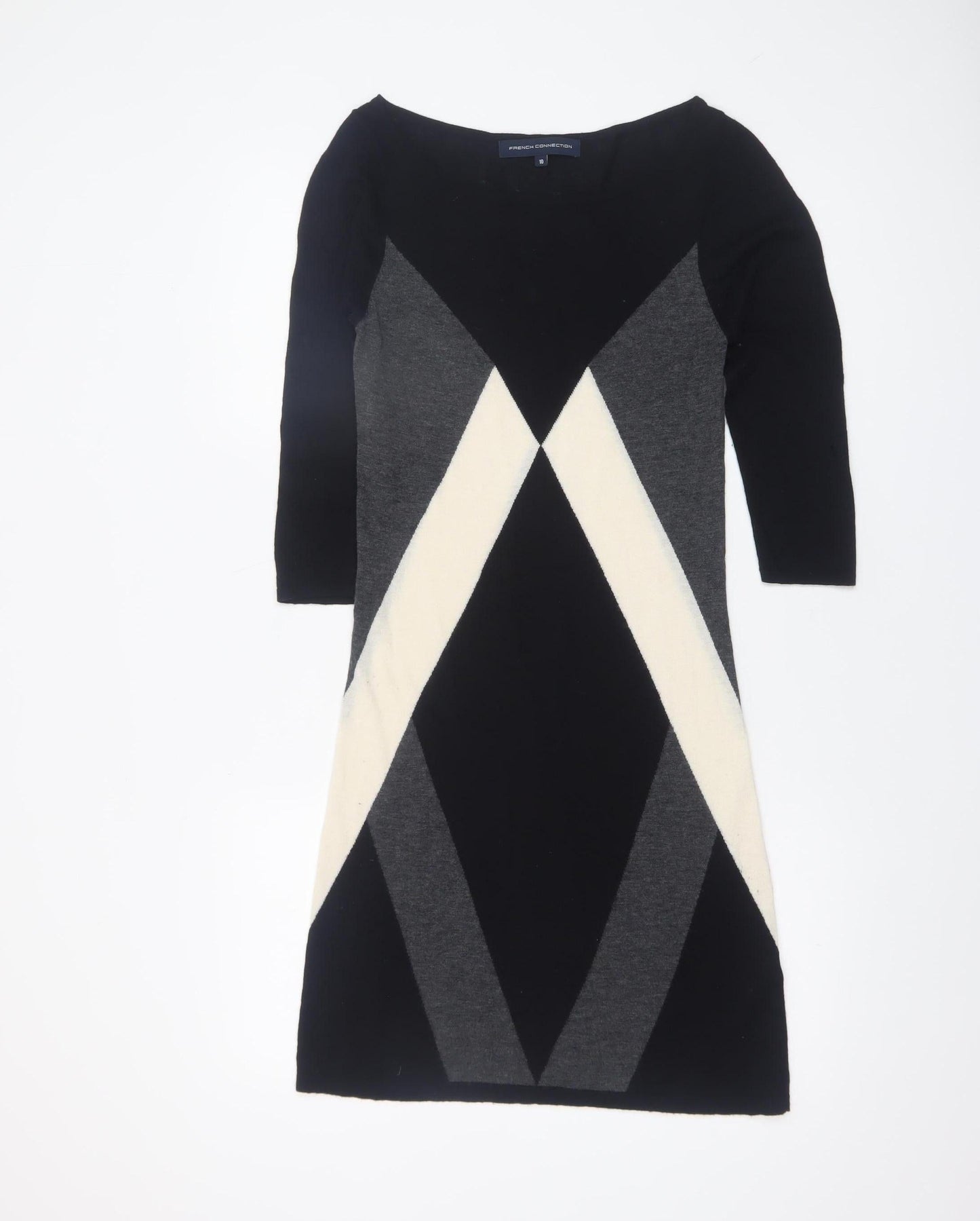 French Connection Women’s Black Grey Beige Knit Sheath Dress Size 10