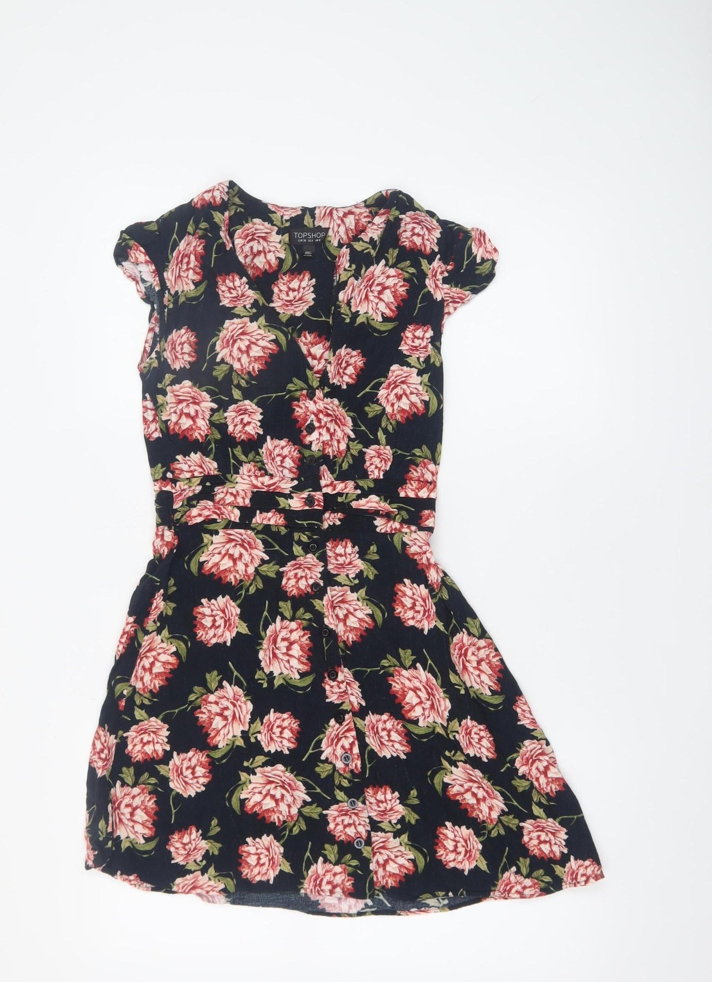 Topshop Women's Black Floral Fit & Flare Dress UK 8 Short Sleeve
