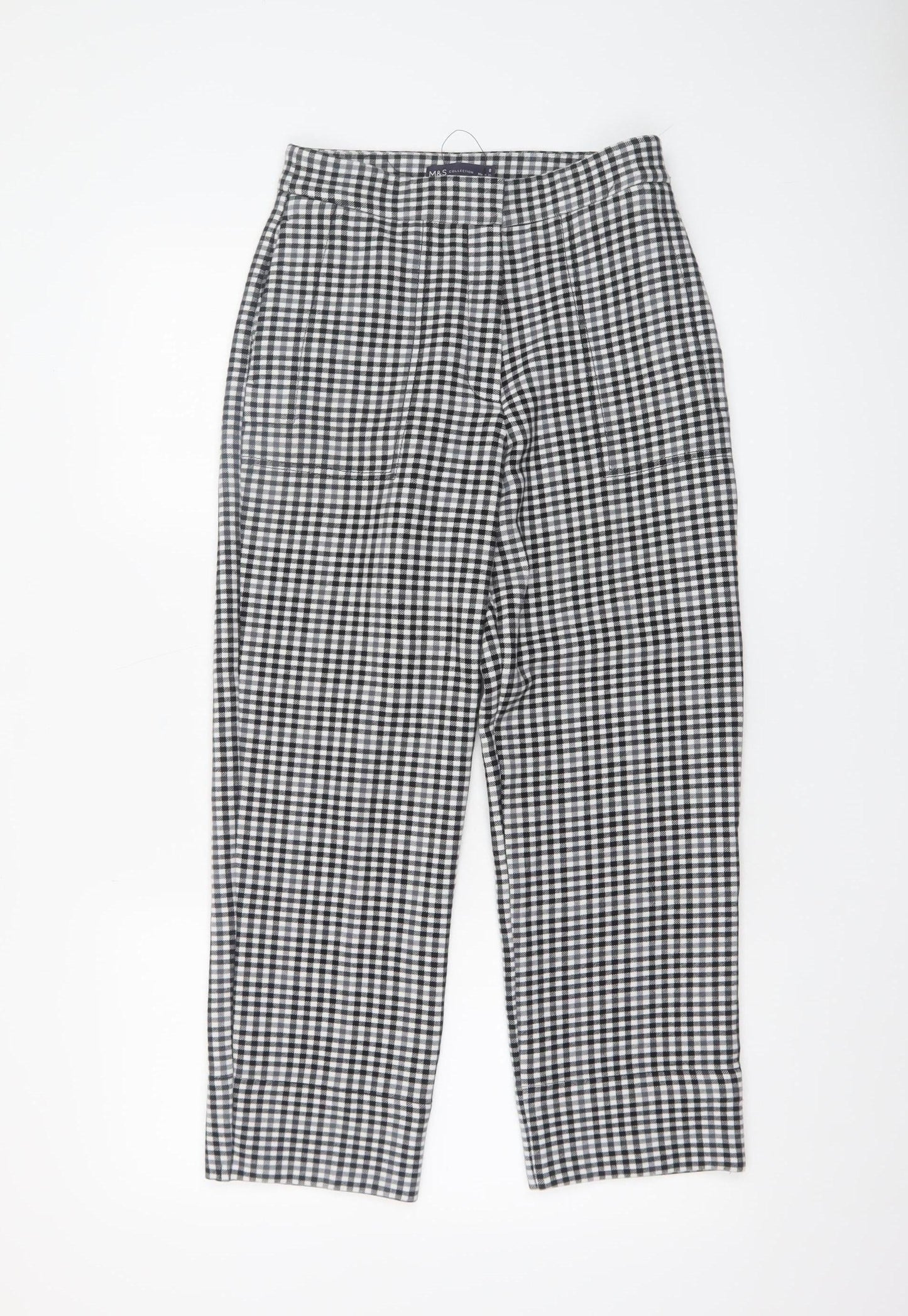 Marks and Spencer Women's Black Check Slim Fit Stretch Trousers Size 8