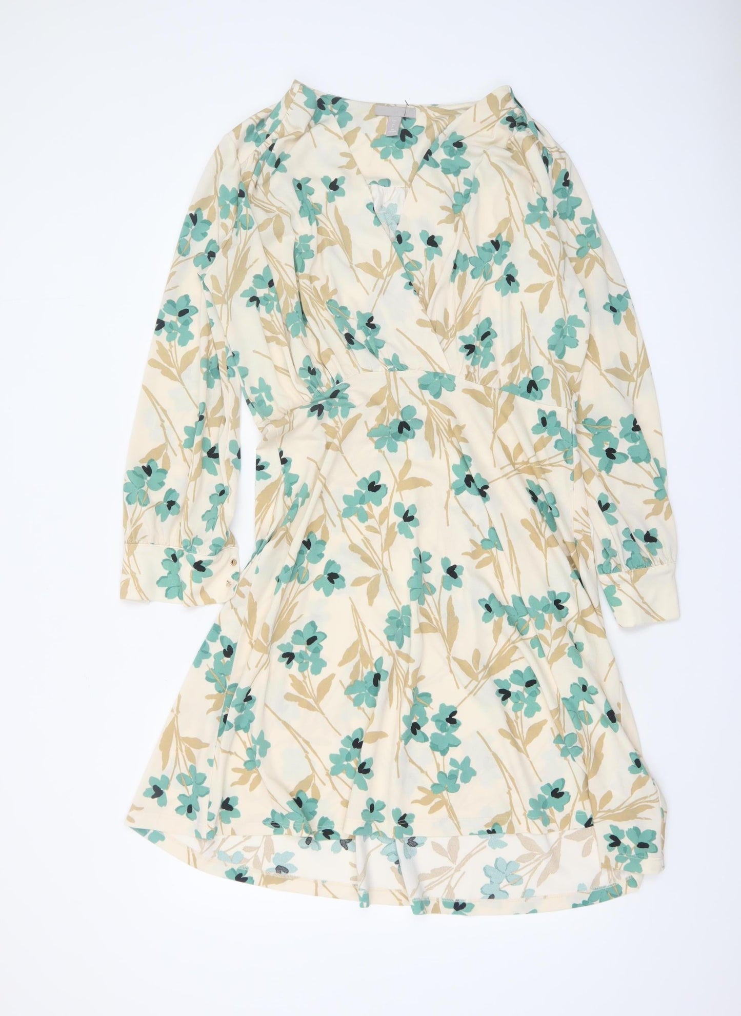 H&M Women's Beige Floral V-Neck Wrap Dress Long Sleeve Size L