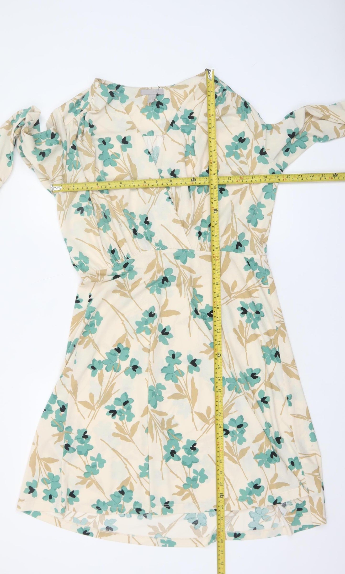 H&M Women's Beige Floral V-Neck Wrap Dress Long Sleeve Size L