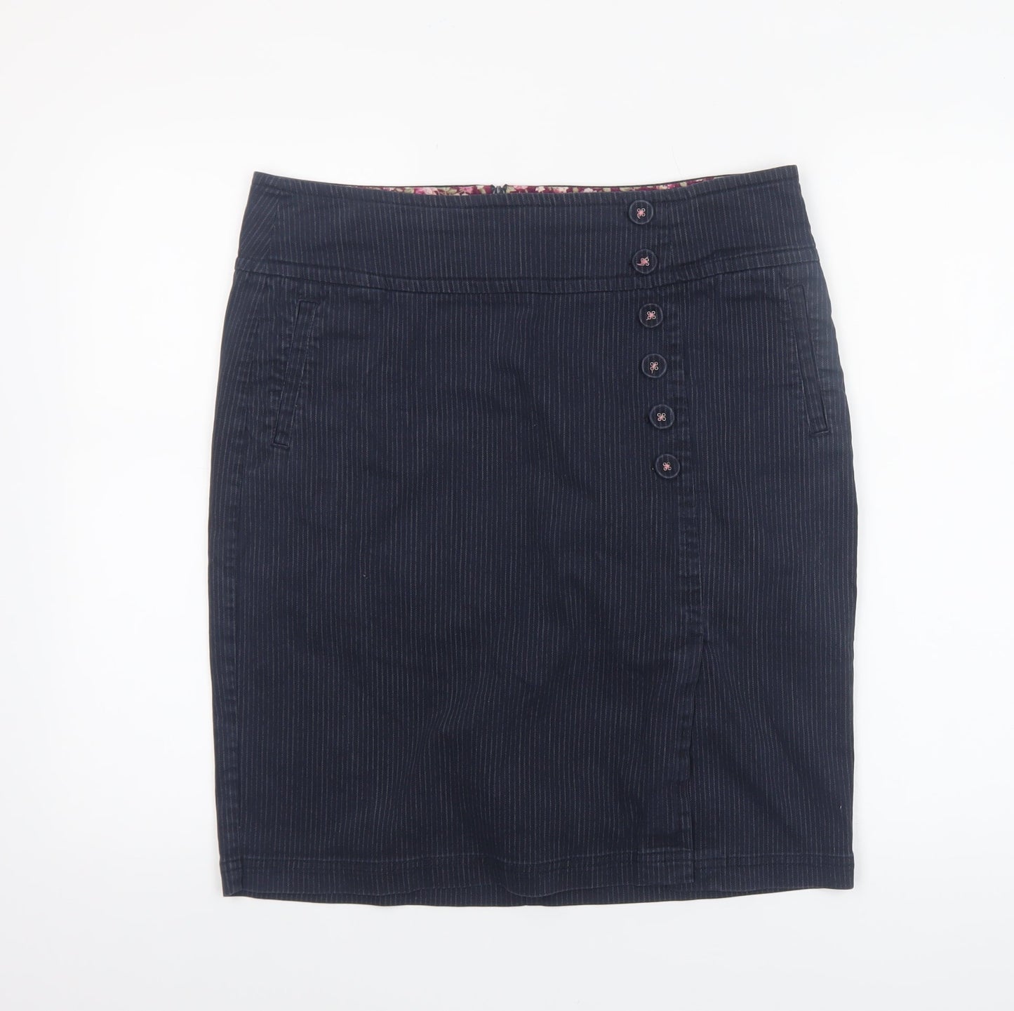 Laura Ashley Women's Blue Cotton Blend Pinstripe Knee Length Pencil Skirt Size 14