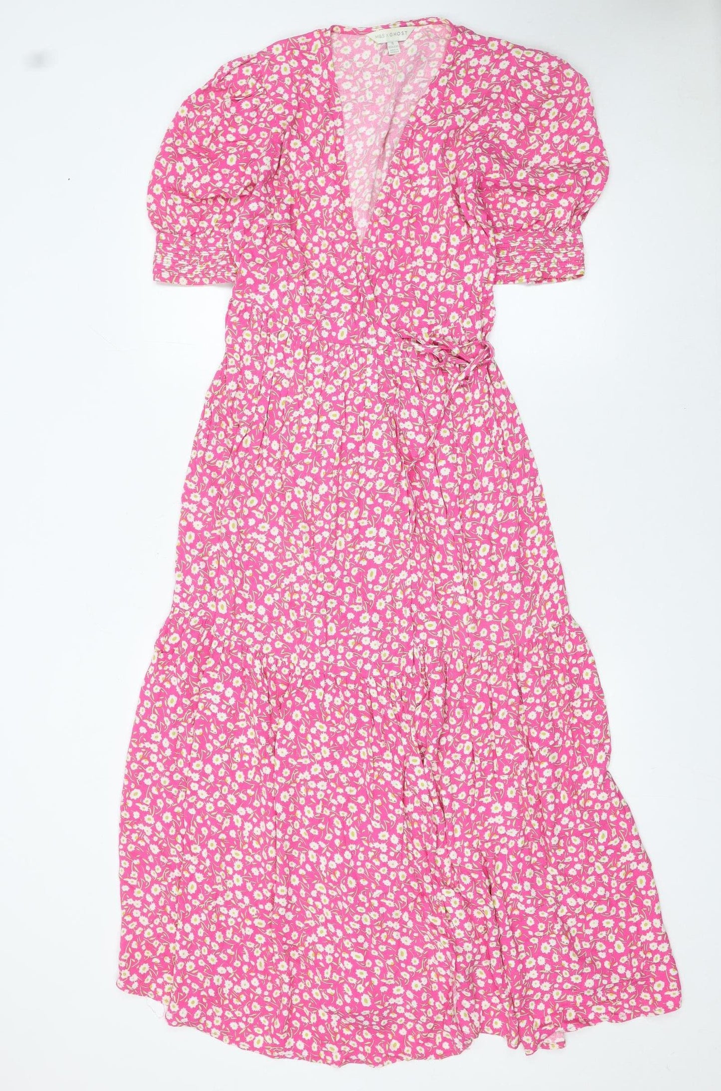 Marks and Spencer Women's Pink Floral V-Neck Wrap Dress Size 6