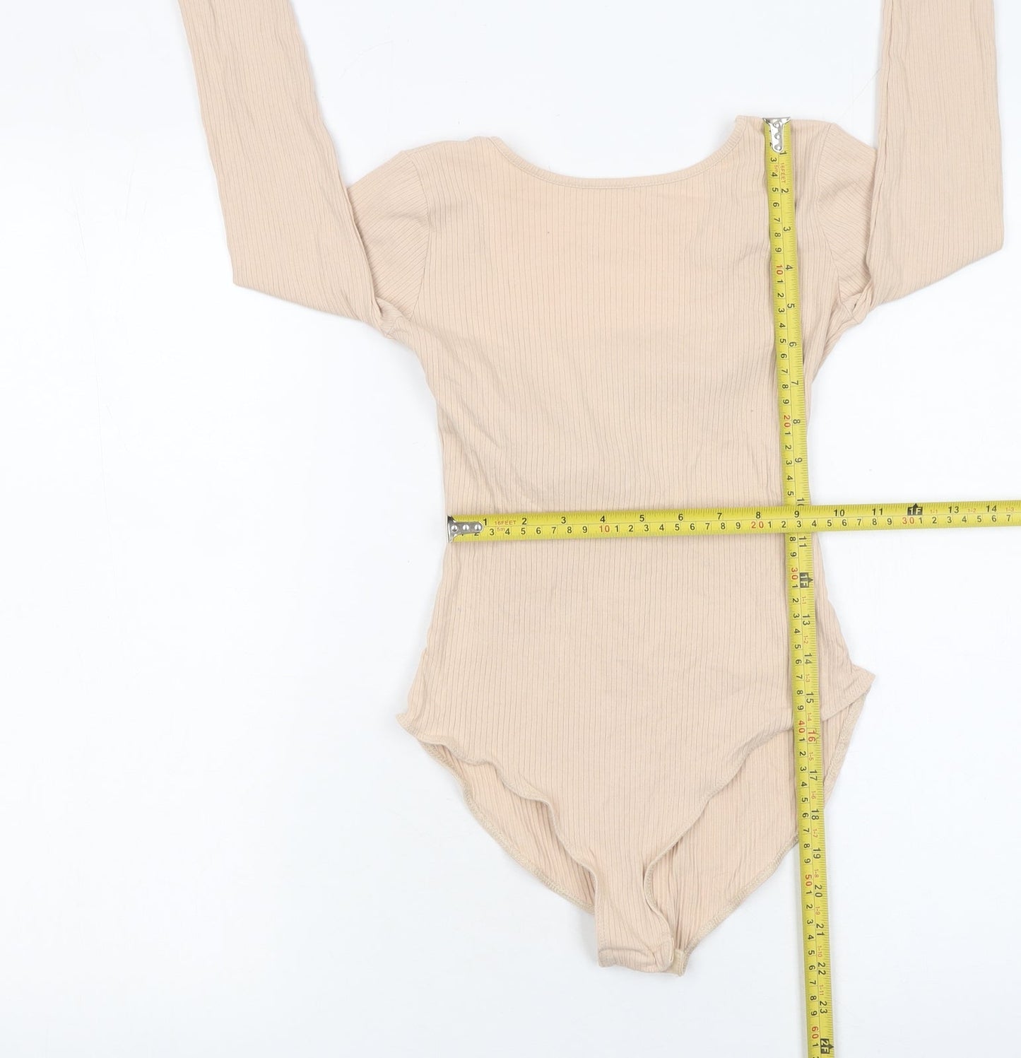 Miss Selfridge Women Beige Long Sleeve Ribbed Bow Bodysuit UK 6
