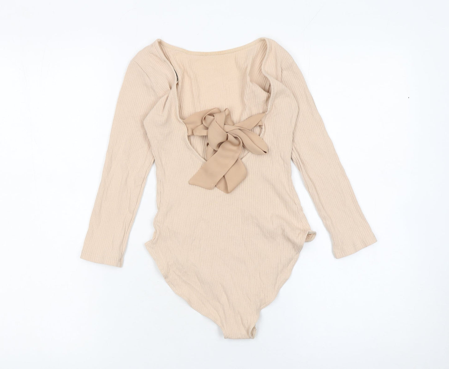 Miss Selfridge Women Beige Long Sleeve Ribbed Bow Bodysuit UK 6