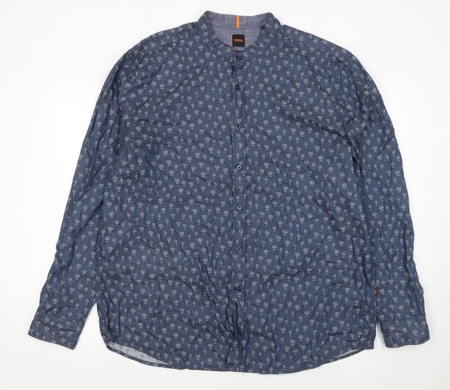 BOSS Men's Blue Regular Fit 3XL Band Collar Cotton Button-Up Shirt
