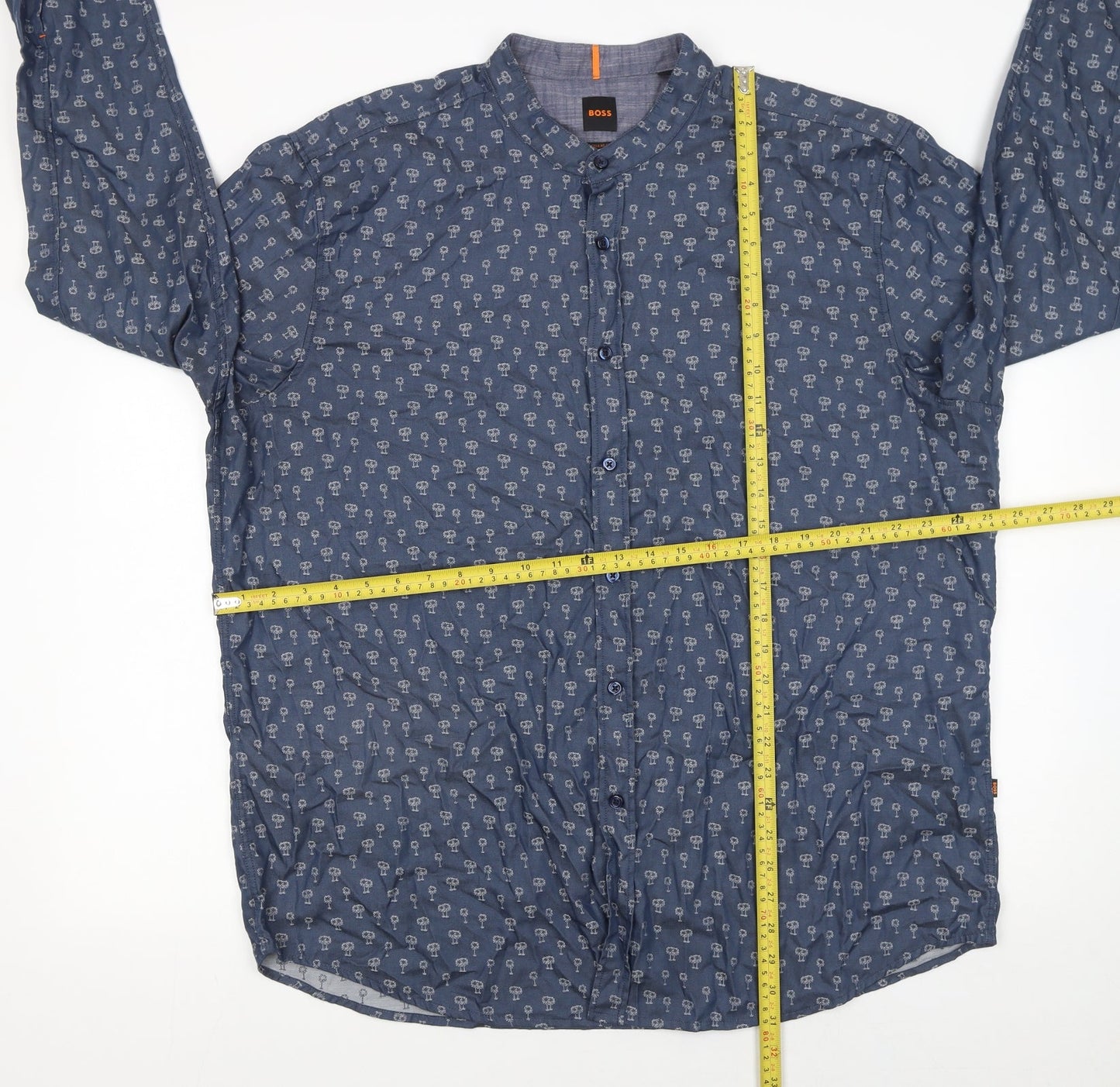 BOSS Men's Blue Regular Fit 3XL Band Collar Cotton Button-Up Shirt