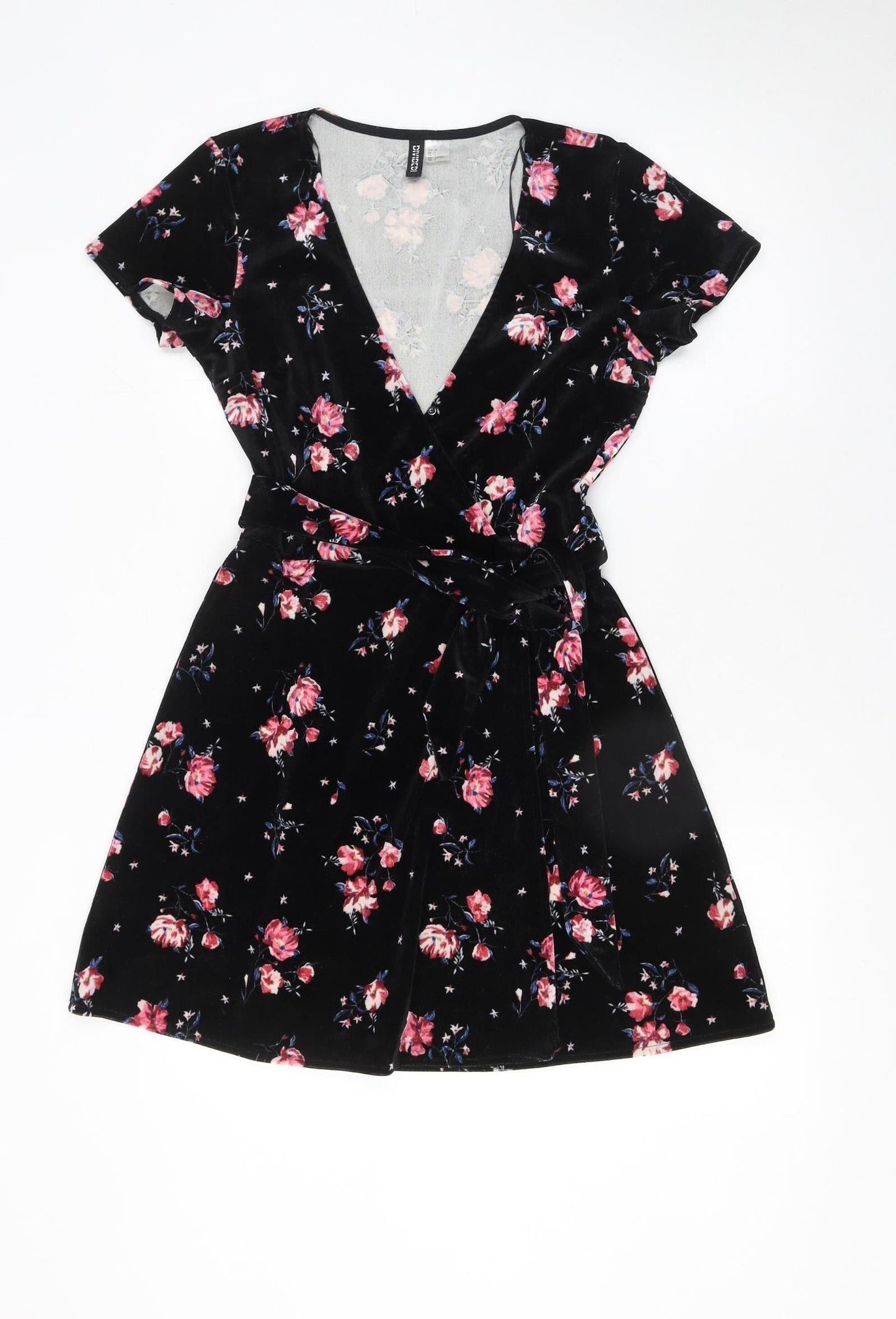 H&M Women’s Black Floral Velvet Wrap Mini Dress Size 8