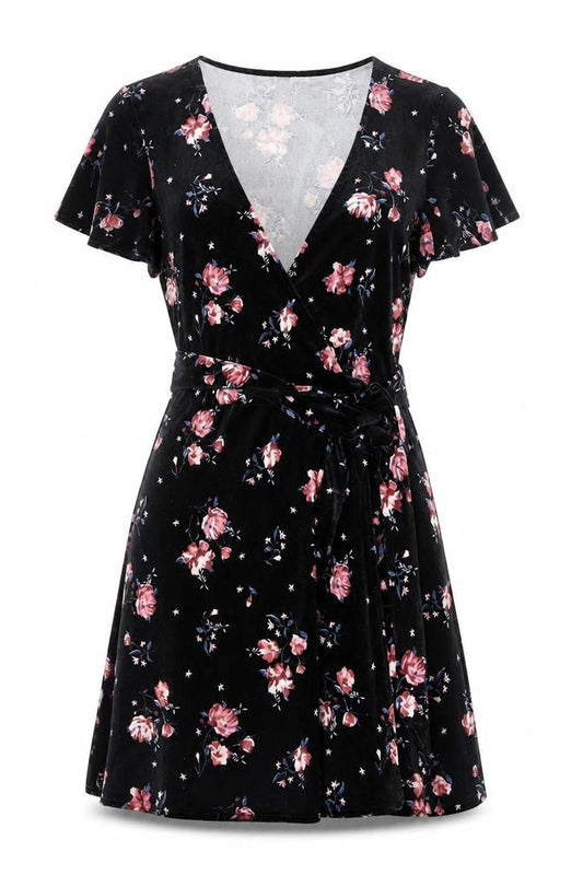 H&M Women’s Black Floral Velvet Wrap Mini Dress Size 8
