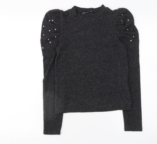 Zara Women Grey Beaded Puff Sleeve Mock Neck Jumper Size S