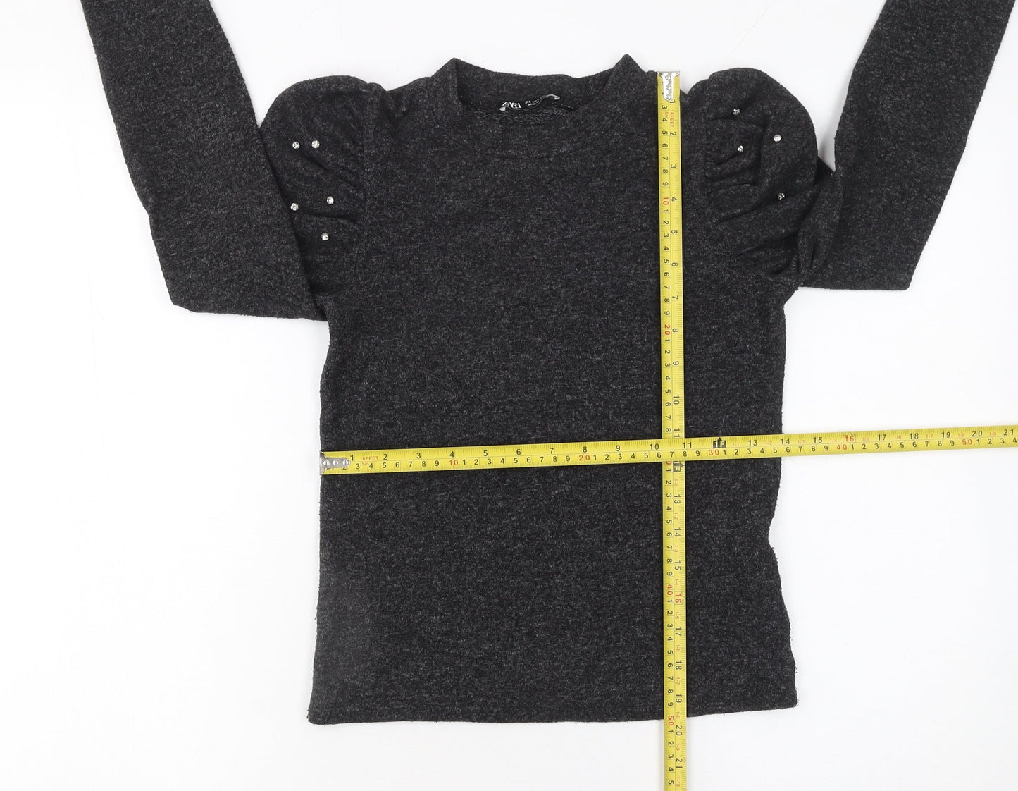 Zara Women Grey Beaded Puff Sleeve Mock Neck Jumper Size S