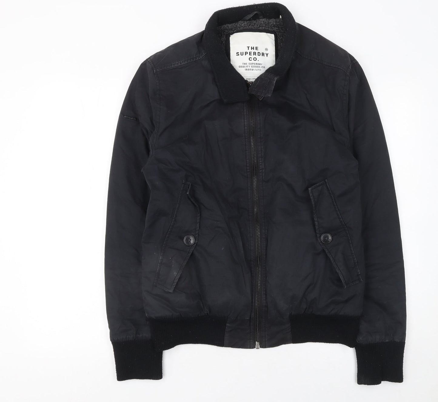 Superdry Men’s Black Bomber Jacket L Cotton Casual Zip Coat