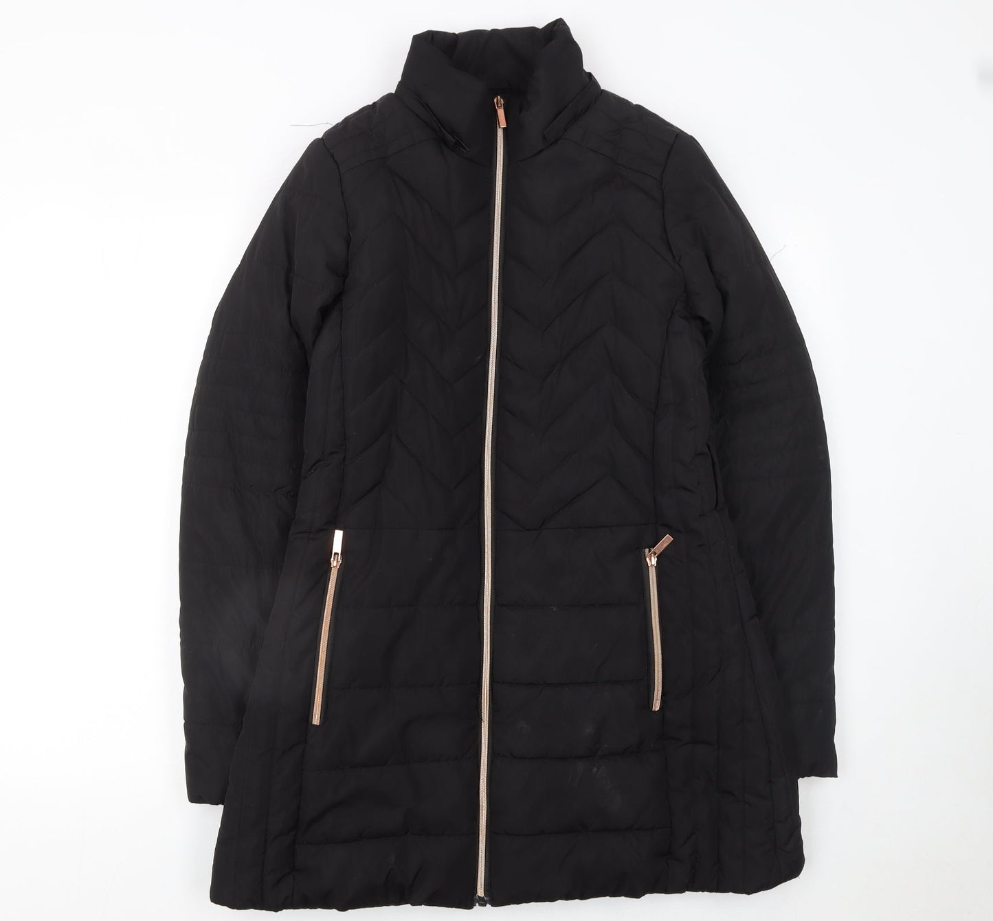 QED LDN Womens Black Mid-Length Puffer Jacket Size 8