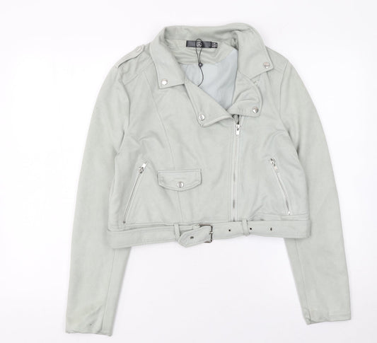 Missguided Women's Grey Faux Suede Biker Jacket Size 10 Cropped Belted