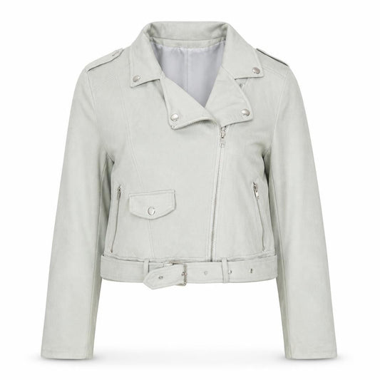 Front view of Missguided Women's Grey Faux Suede Biker Jacket, size 10, Cropped Belted
