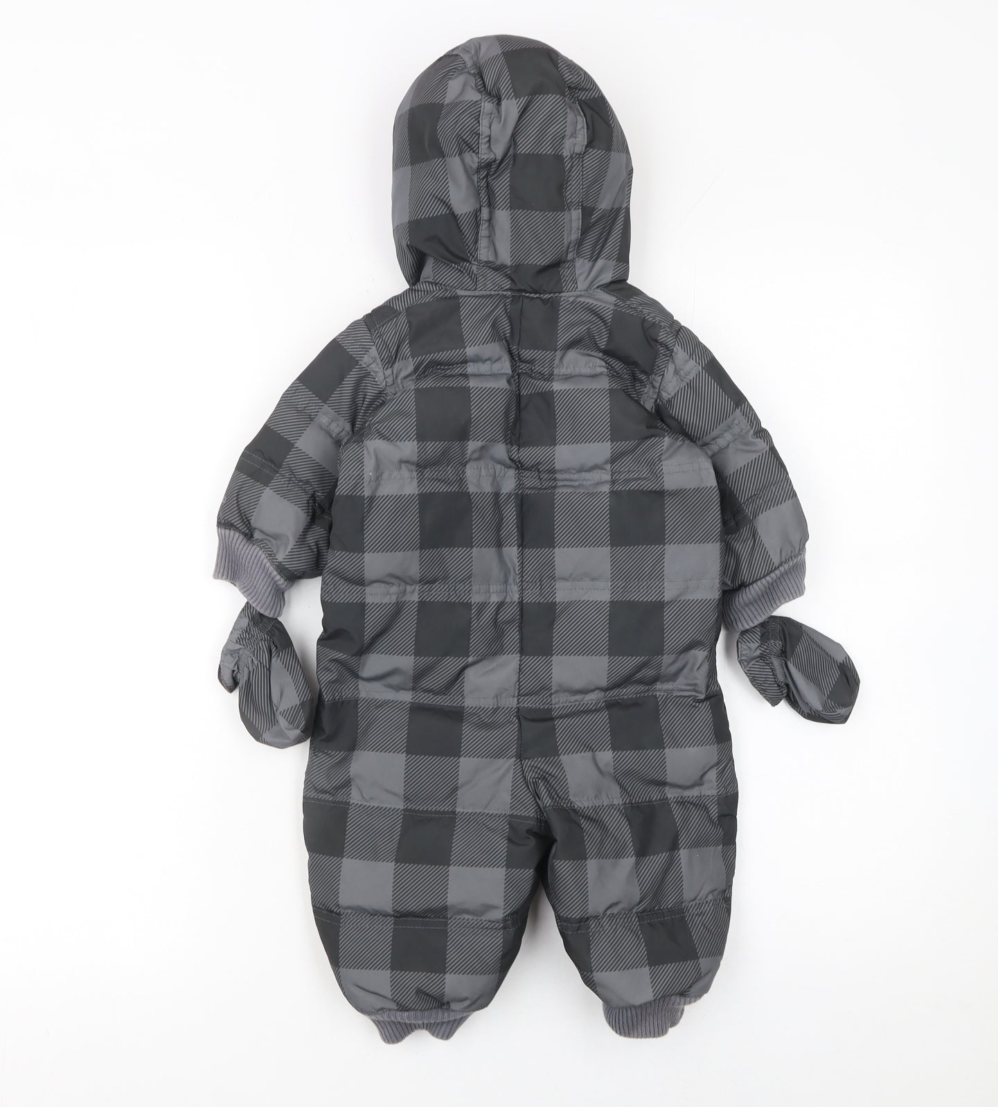 babyGap Unisex Baby Grey Check Puffer Snowsuit 6-12 Months Hooded Down Filled