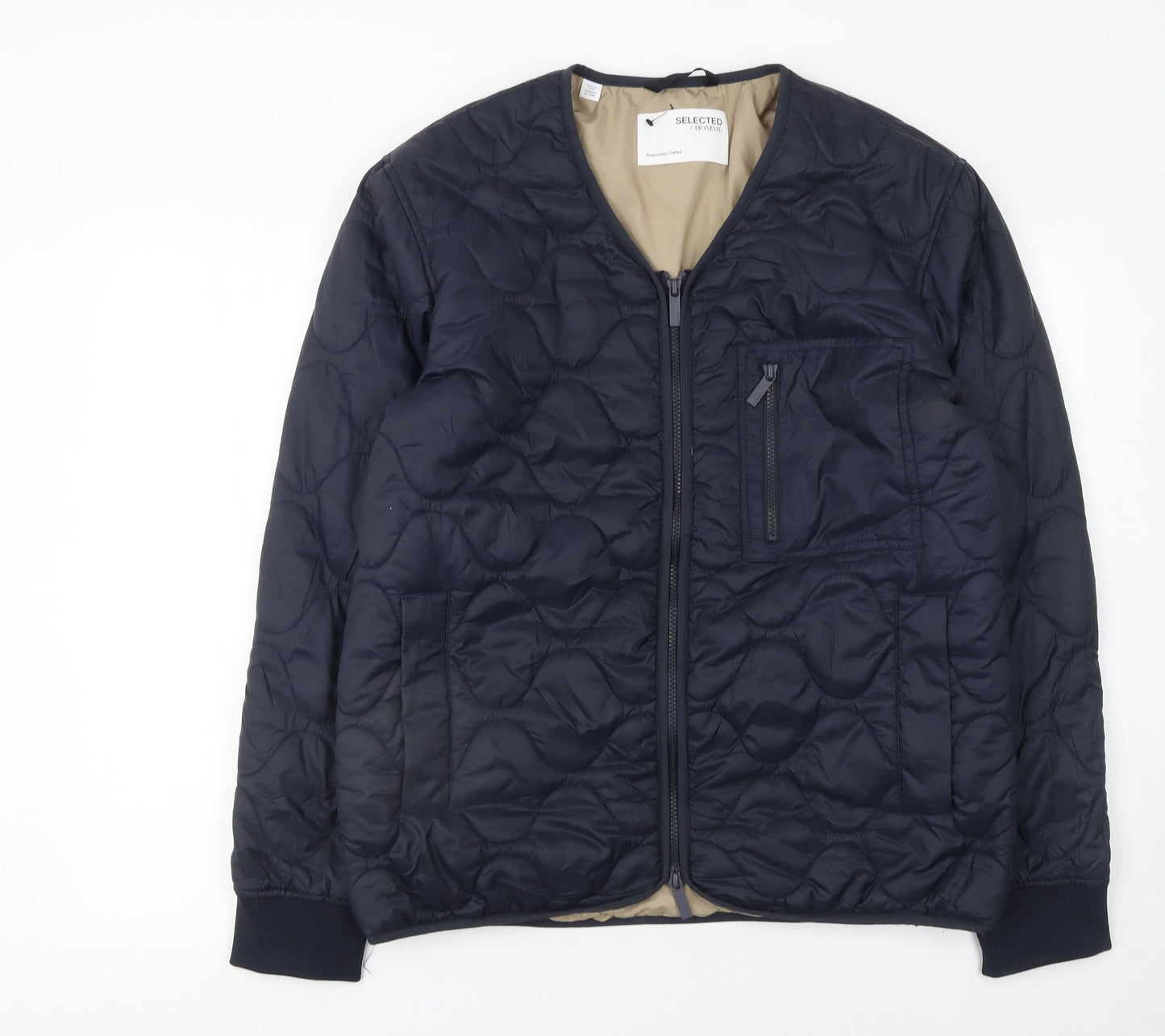 SELECTED HOMME Men’s Blue Quilted Zip Jacket L Regular Nylon