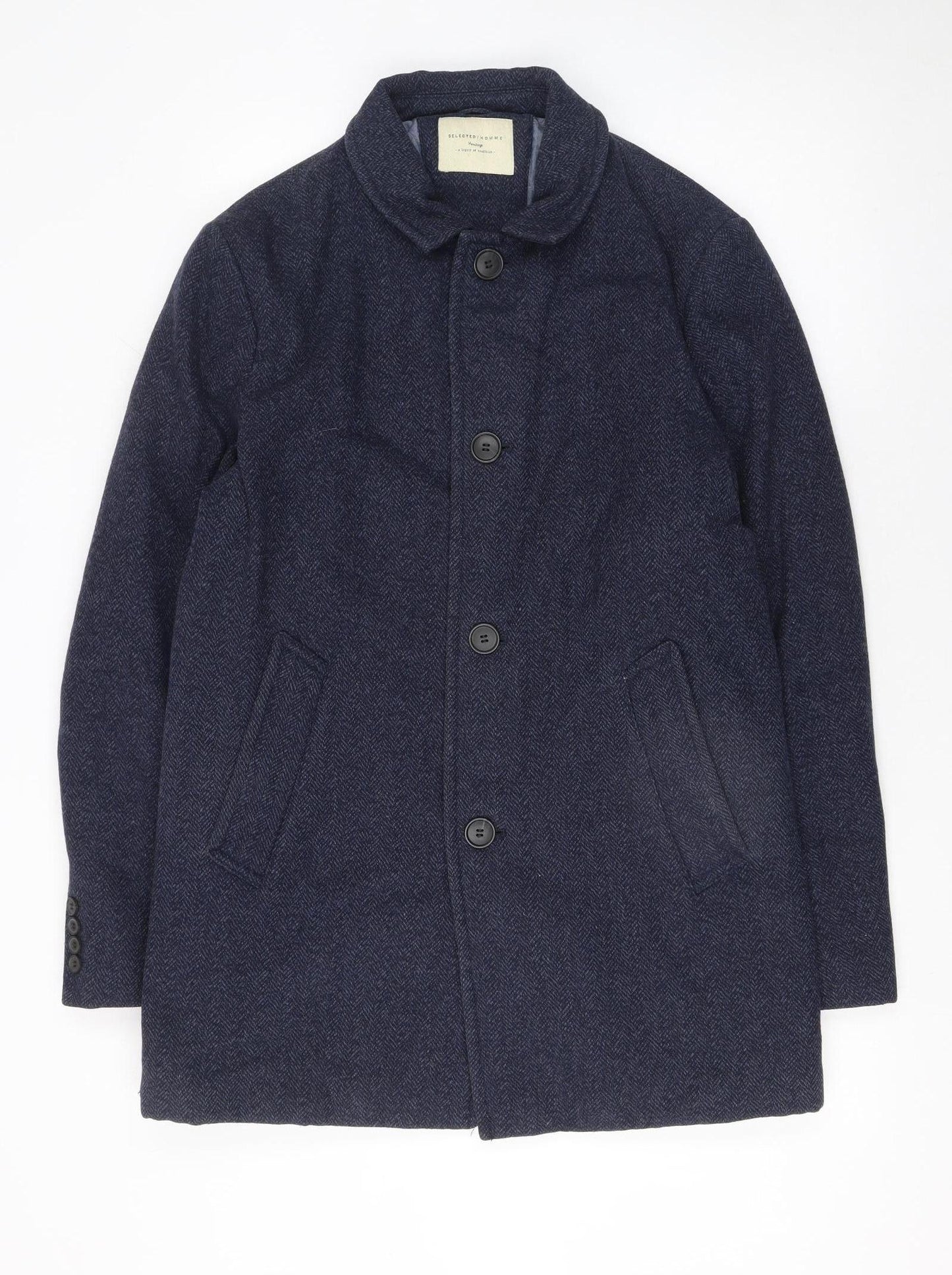 Selected Homme Men's Navy Wool Blend Mid-Length Coat Size M