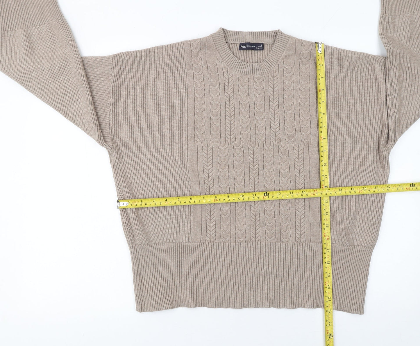 Marks and Spencer Women Beige Cable-Knit Crew Neck Jumper L
