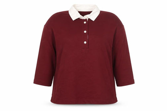 Savida Women Red Polo Collared 3/4 Sleeve Cotton Blend Top Size L