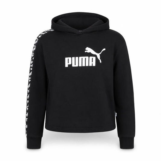 Front view of Puma women’s black small pullover hoodie with logo detail
