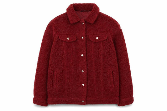 Front view of Missguided women’s red borg sherpa jacket, size UK 8, lined button-up casual
