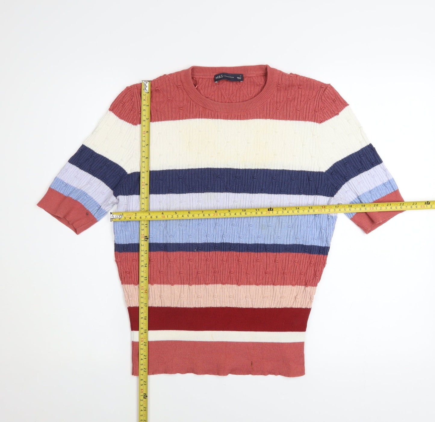 Marks and Spencer Women Multicoloured Striped Knit Short Sleeve Top Size 14