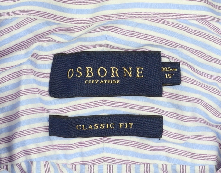 Osborne Men's Blue Striped Classic Fit Cotton Long Sleeve Shirt 15in