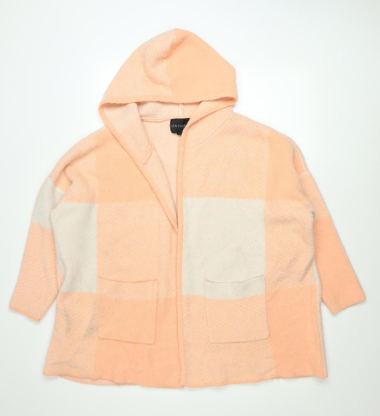 Centigrade Womens Peach Check Hooded Cardigan M Knit Open Front