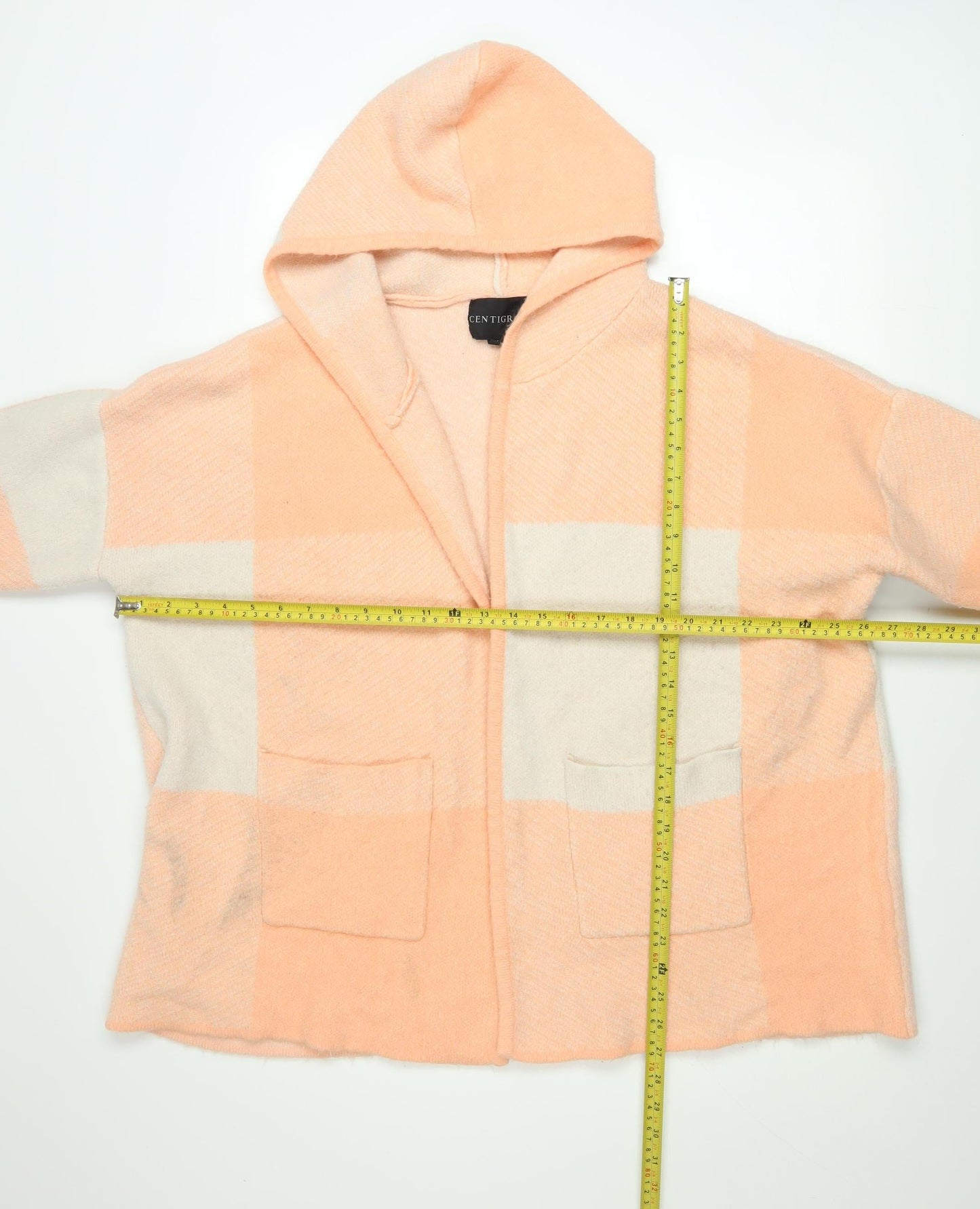 Centigrade Womens Peach Check Hooded Cardigan M Knit Open Front
