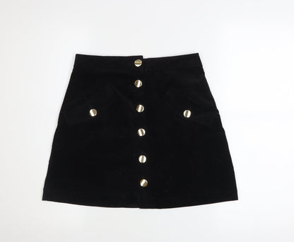 Zara Womens Black A-Line Button Front Corduroy Mini Skirt Size S