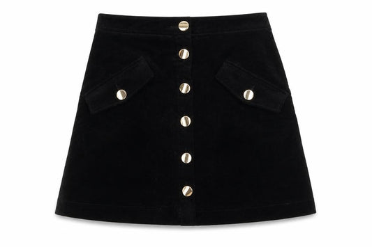 ZARA Womens Black A-Line Button Front Corduroy Mini Skirt Size S