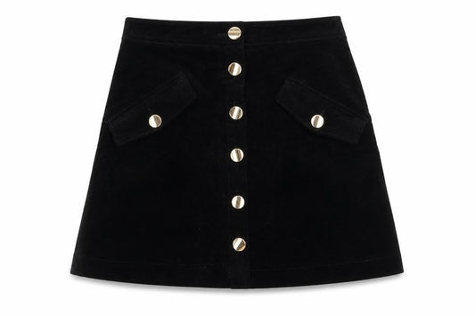 Zara Womens Black A-Line Button Front Corduroy Mini Skirt Size S