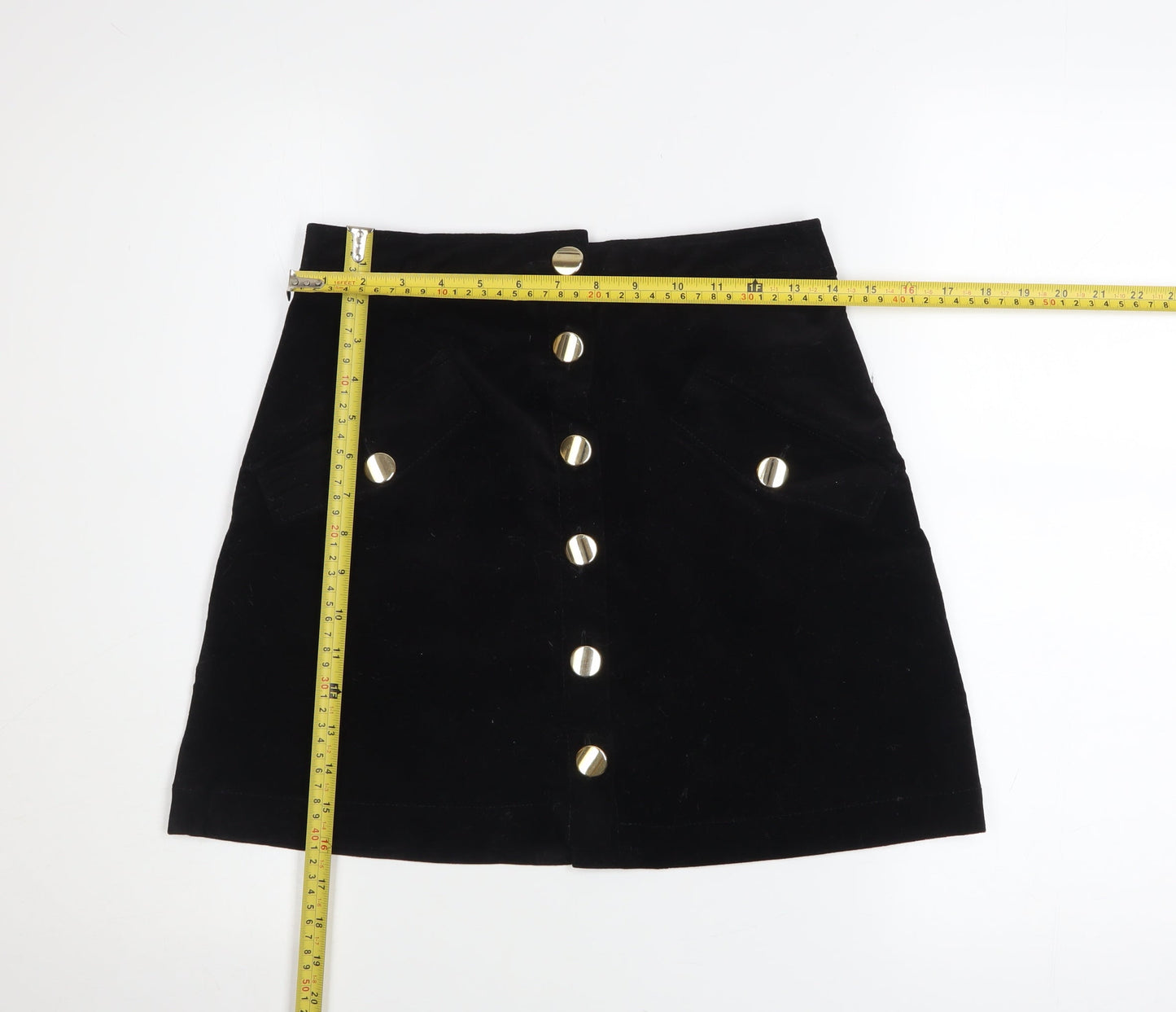 ZARA Womens Black A-Line Button Front Corduroy Mini Skirt Size S