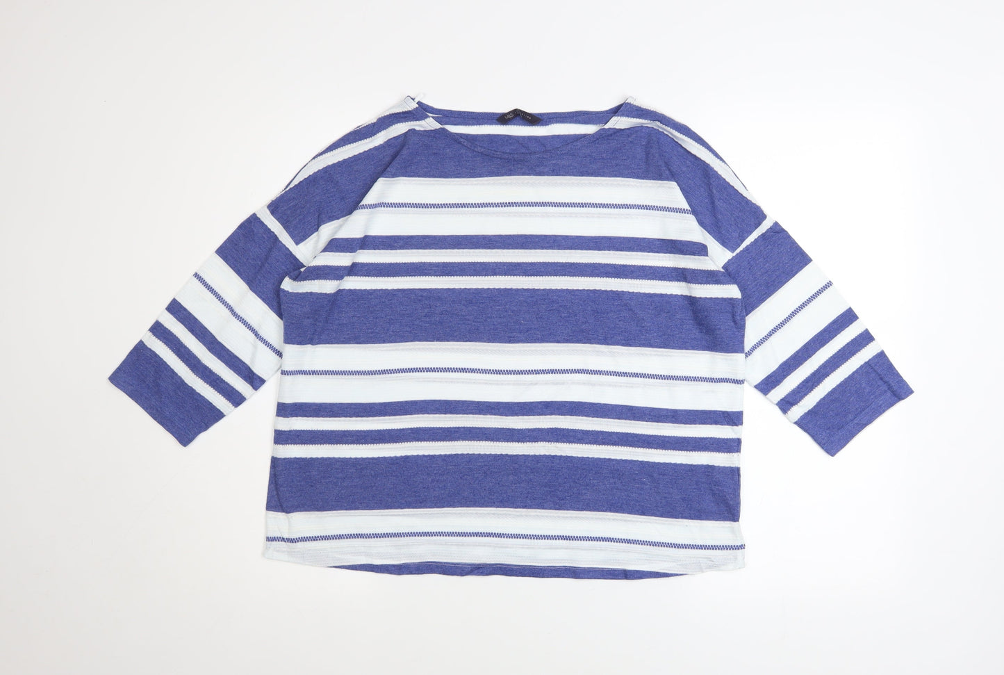 Marks and Spencer Women Blue Striped 3/4 Sleeve Boat Neck T-Shirt Size 16
